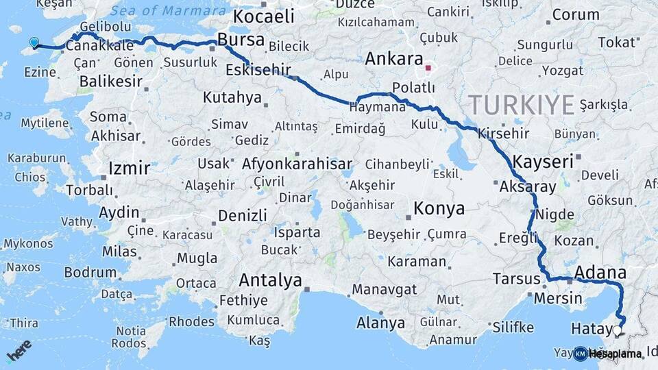 Çanakkale Gökçeada Hatay Arası Kaç Km - Yol Haritası