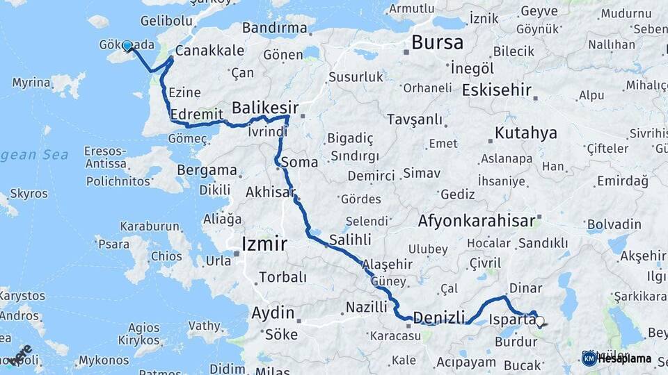 Çanakkale Gökçeada Isparta Arası Kaç Km - Yol Haritası