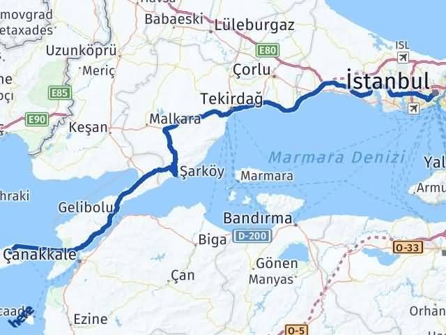 canakkale gokceada istanbul arasi kac km