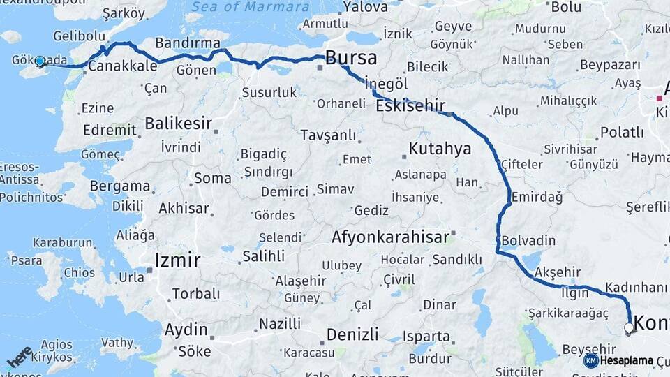Çanakkale Gökçeada Konya Arası Kaç Km - Yol Haritası