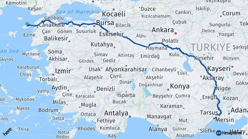 Çanakkale Gökçeada Mersin Arası Kaç Km - Yol Haritası