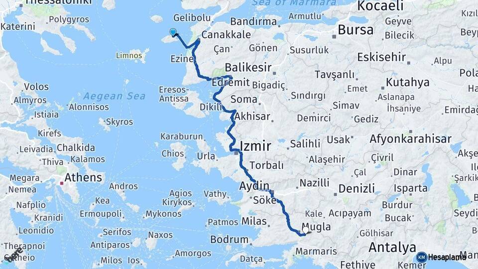 Çanakkale Gökçeada Muğla Arası Kaç Km - Yol Haritası