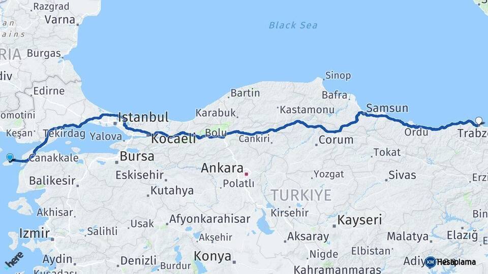 Çanakkale Gökçeada Trabzon Arası Kaç Km - Yol Haritası