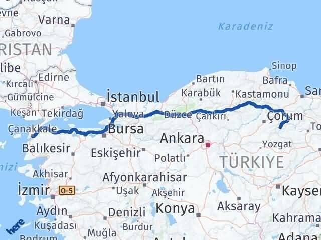 Çanakkale Göynücek Amasya Arası Kaç Km - Yol Haritası