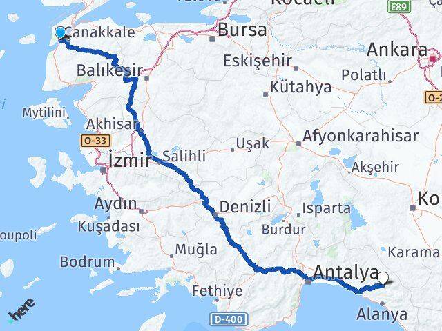 Çanakkale Gündoğmuş Antalya Arası Kaç Km - Yol Haritası