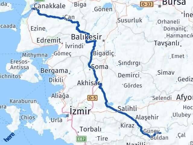 Çanakkale Güney Denizli Arası Kaç Km - Yol Haritası