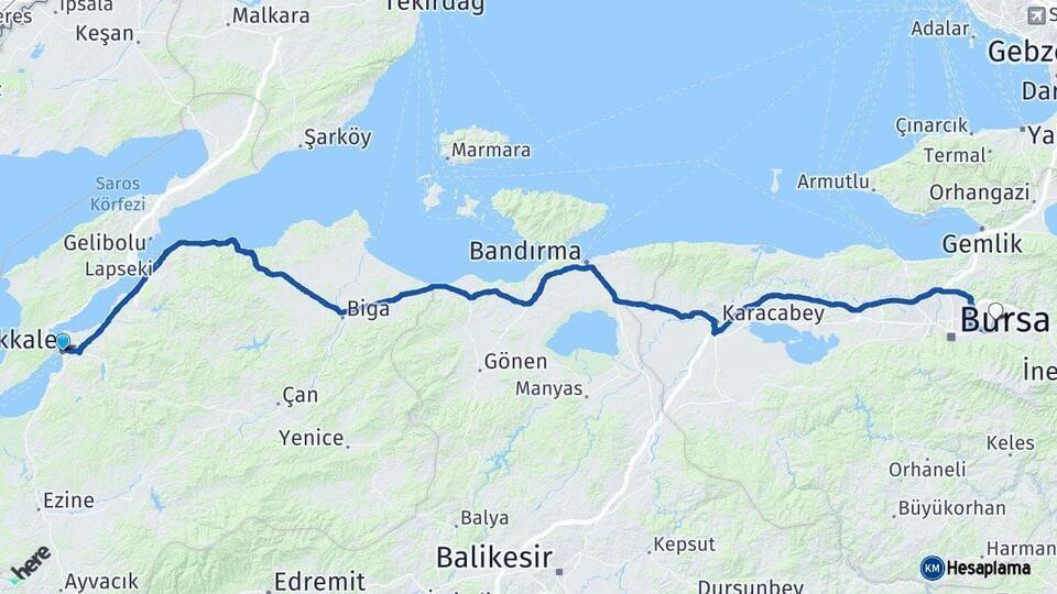 Çanakkale Gürsu Bursa Arası Kaç Km - Yol Haritası