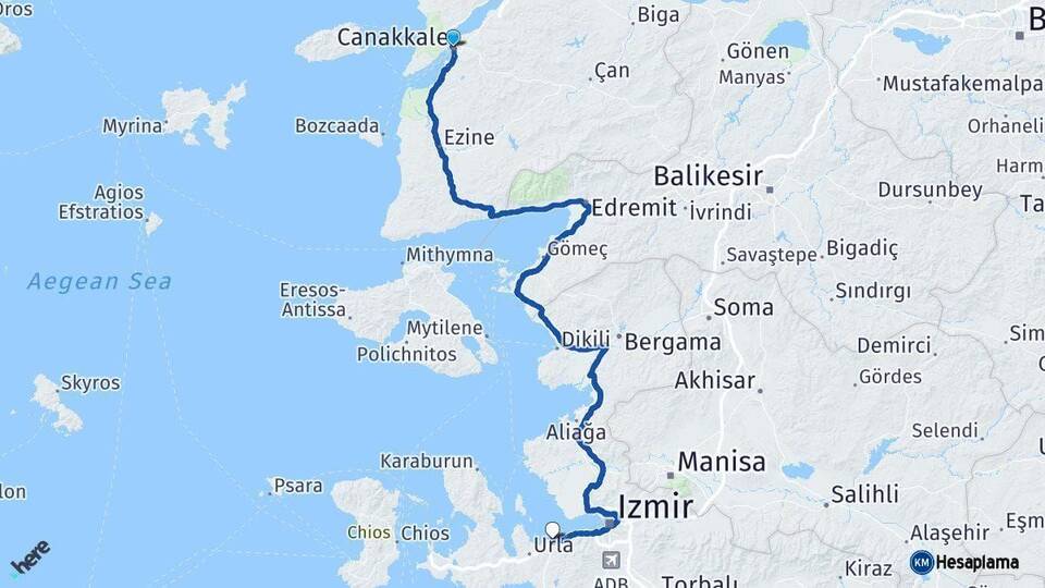 Çanakkale Güzelbahçe İzmir Arası Kaç Km - Yol Haritası
