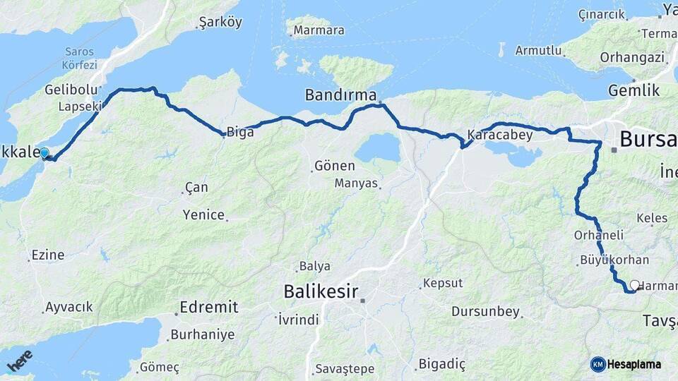 Çanakkale Harmancık Bursa Arası Kaç Km - Yol Haritası