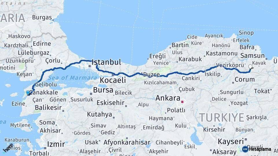 Çanakkale Havza Samsun Arası Kaç Km - Yol Haritası