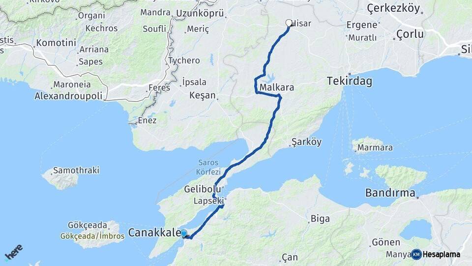 Çanakkale Hayrabolu Tekirdağ Arası Kaç Km - Yol Haritası