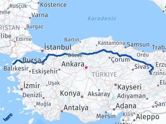 Çanakkale İliç Erzincan Arası Kaç Km - Yol Haritası