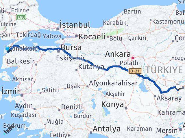 Çanakkale İncesu Kayseri Arası Kaç Km - Yol Haritası