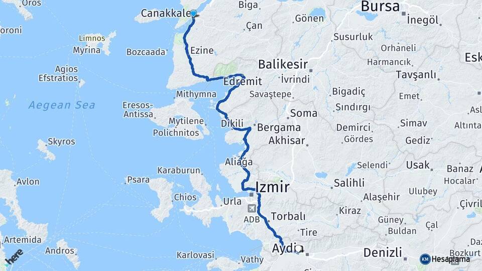 Çanakkale İncirliova Aydın Arası Kaç Km - Yol Haritası