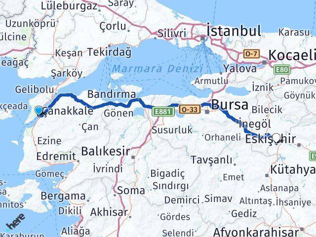 Çanakkale İnönü Eskişehir Arası Kaç Km - Yol Haritası