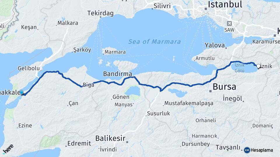 Çanakkale İznik Bursa Arası Kaç Km - Yol Haritası