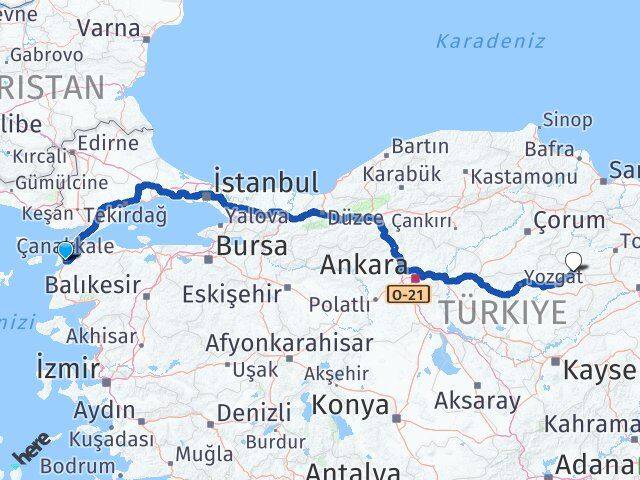 Çanakkale Kadışehri Yozgat Arası Kaç Km - Yol Haritası