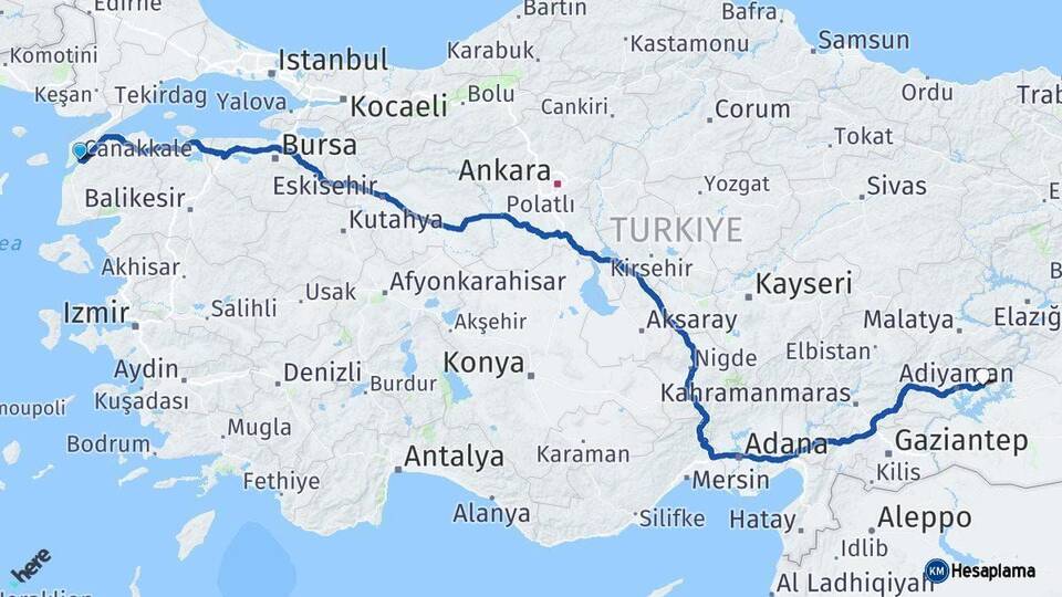 Çanakkale Kahta Adıyaman Arası Kaç Km - Yol Haritası