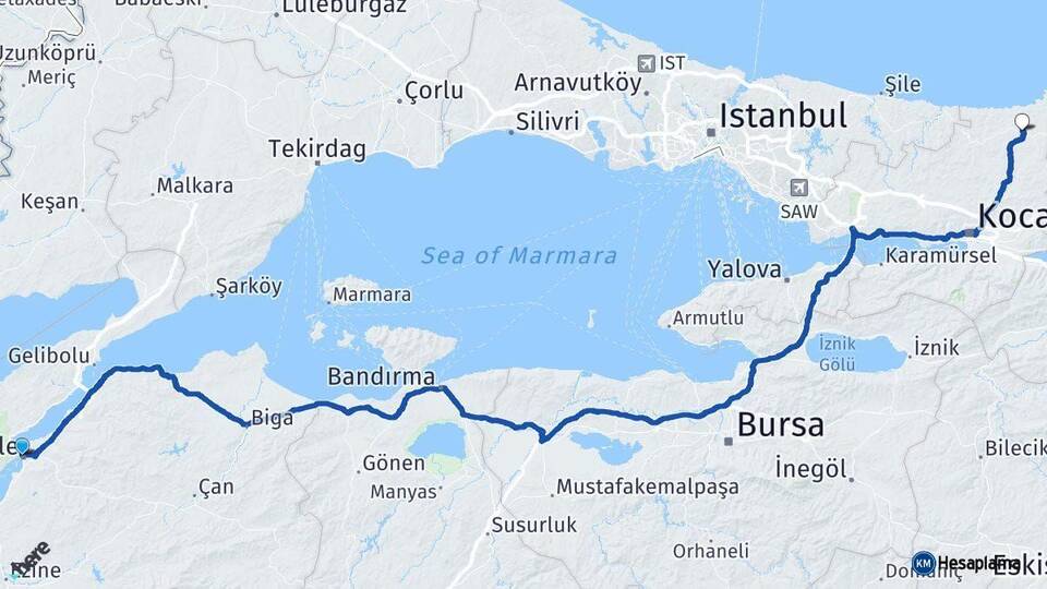 Çanakkale Kandıra Kocaeli Arası Kaç Km - Yol Haritası