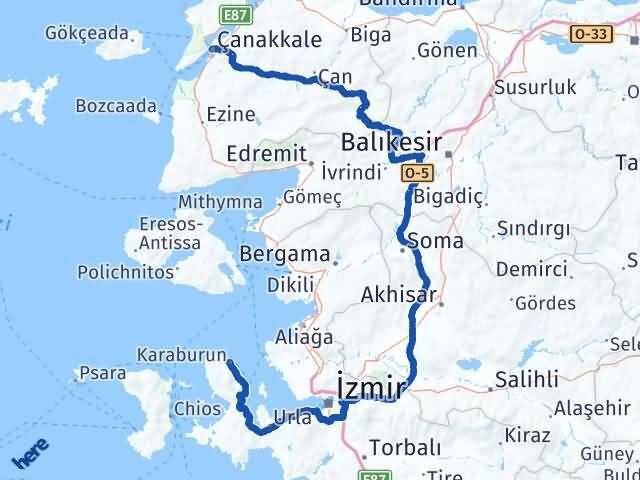 Çanakkale Karaburun İzmir Arası Kaç Km - Yol Haritası