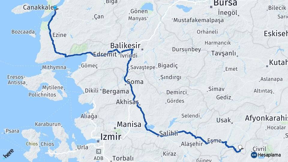 Çanakkale Karahallı Uşak Arası Kaç Km - Yol Haritası
