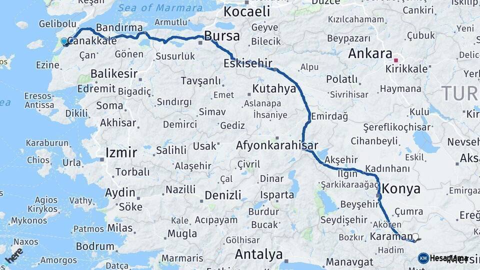 Çanakkale Karaman Arası Kaç Km - Yol Haritası