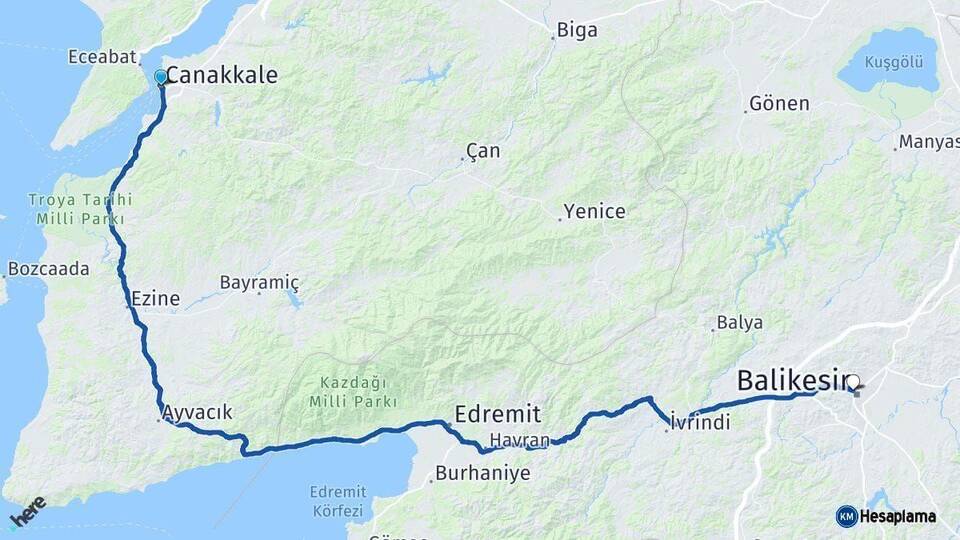 Çanakkale Karesi Balıkesir Arası Kaç Km - Yol Haritası