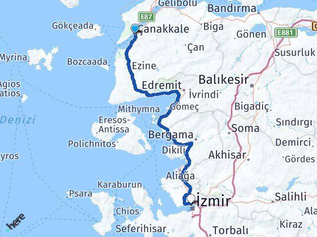 Çanakkale Karşıyaka İzmir Arası Kaç Km - Yol Haritası