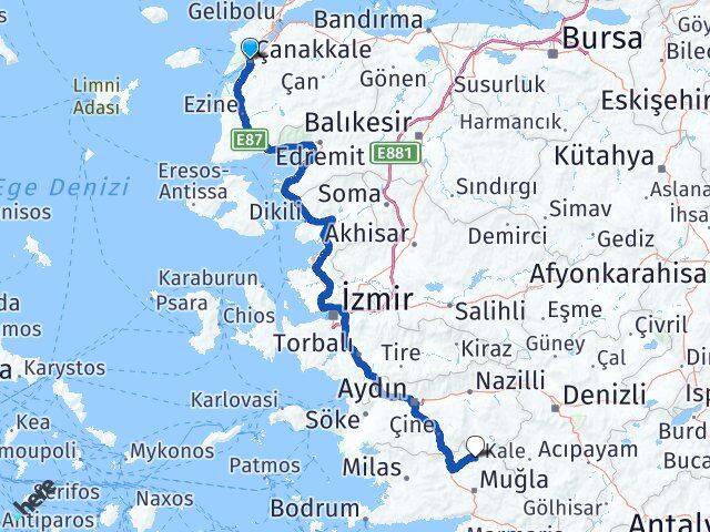 Çanakkale Kavaklıdere Muğla Arası Kaç Km - Yol Haritası