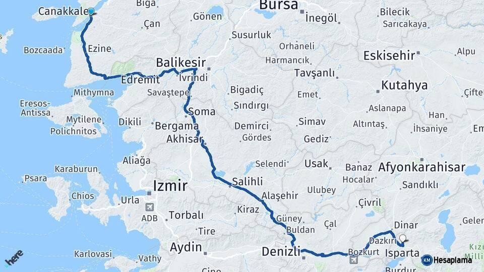 Çanakkale Keçiborlu Isparta Arası Kaç Km - Yol Haritası
