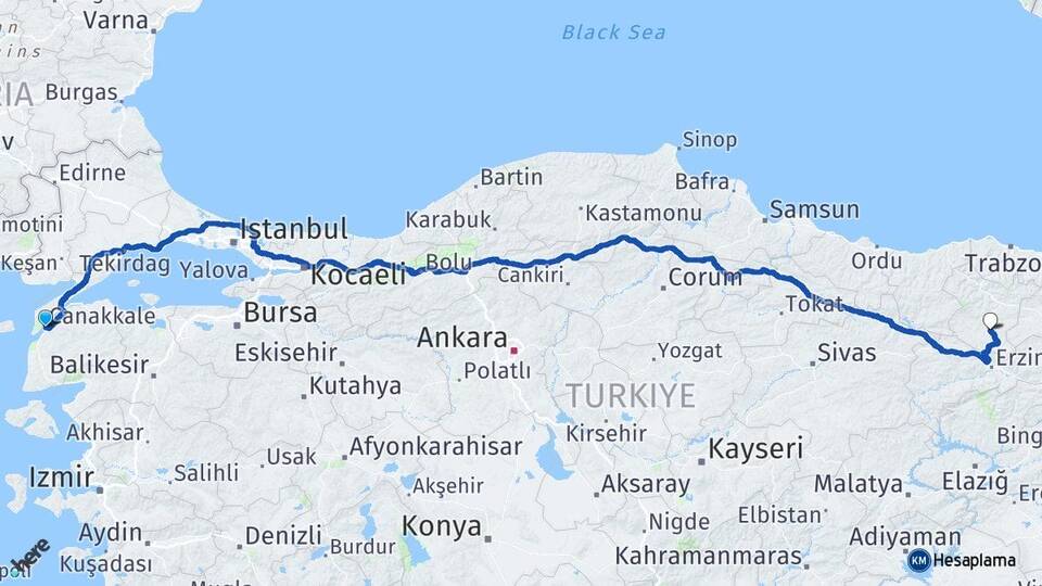 Çanakkale Kelkit Gümüşhane Arası Kaç Km - Yol Haritası