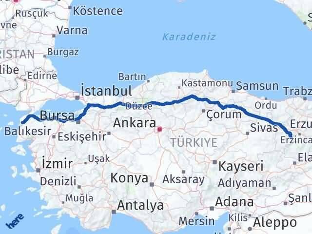 Çanakkale Kemah Erzincan Arası Kaç Km - Yol Haritası