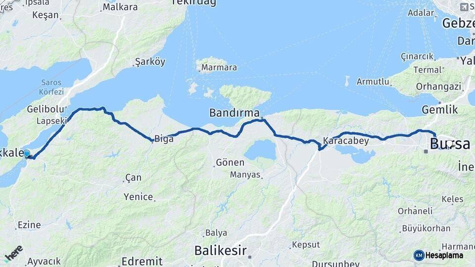 Çanakkale Kestel Bursa Arası Kaç Km - Yol Haritası