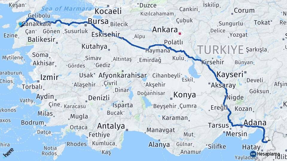 Çanakkale Kırıkhan Hatay Arası Kaç Km - Yol Haritası