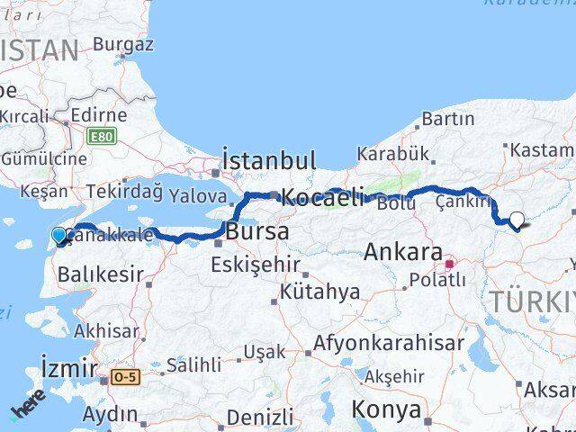 Çanakkale Kızılırmak Çankırı Arası Kaç Km - Yol Haritası