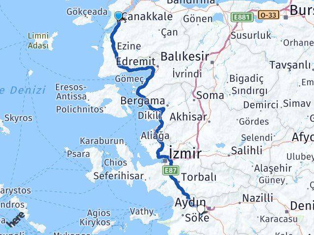 Çanakkale Koçarlı Aydın Arası Kaç Km - Yol Haritası