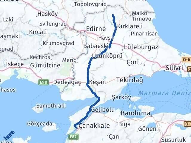 Çanakkale Kofçaz Kırklareli Arası Kaç Km - Yol Haritası