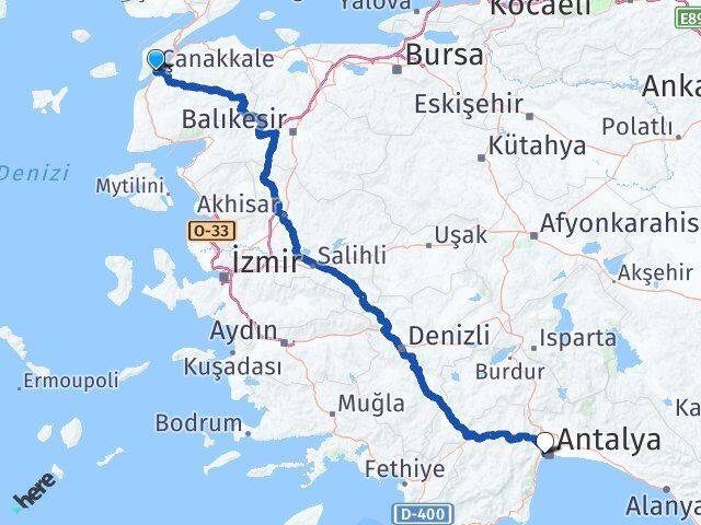 Çanakkale Konyaaltı Antalya Arası Kaç Km - Yol Haritası