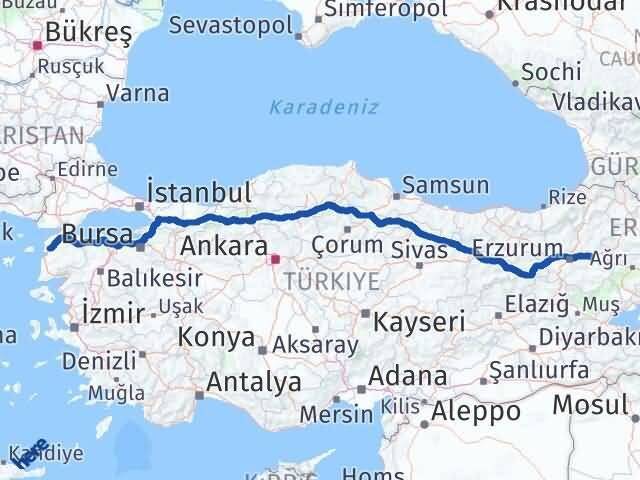 Çanakkale Köprüköy Erzurum Arası Kaç Km - Yol Haritası