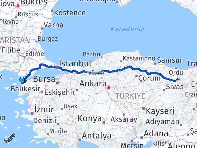 Çanakkale Koyulhisar Sivas Arası Kaç Km - Yol Haritası