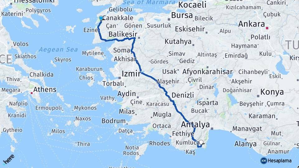 Çanakkale Kumluca Antalya Arası Kaç Km - Yol Haritası