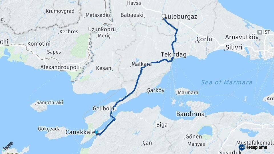 Çanakkale Lüleburgaz Kırklareli Arası Kaç Km - Yol Haritası