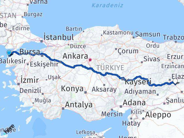 Çanakkale Maden Elazığ Arası Kaç Km - Yol Haritası