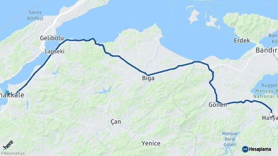 Çanakkale Manyas Balıkesir Arası Kaç Km - Yol Haritası