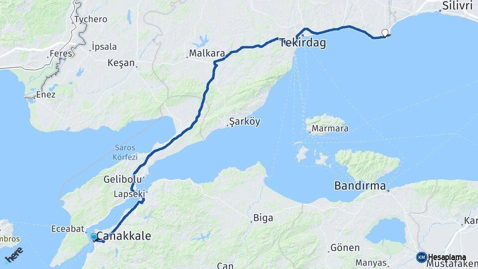Çanakkale Marmaraereğlisi Tekirdağ Arası Kaç Km - Yol Haritası