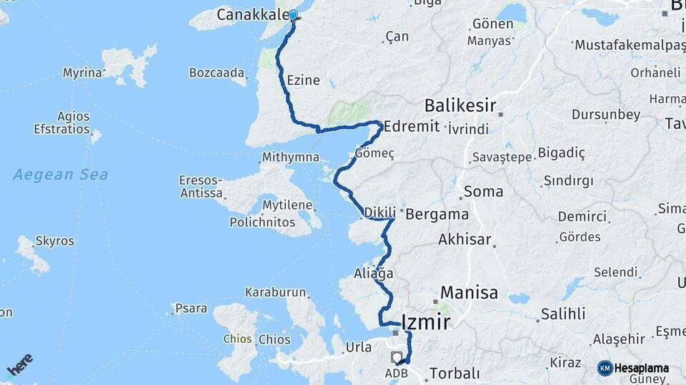Çanakkale Menderes İzmir Arası Kaç Km - Yol Haritası