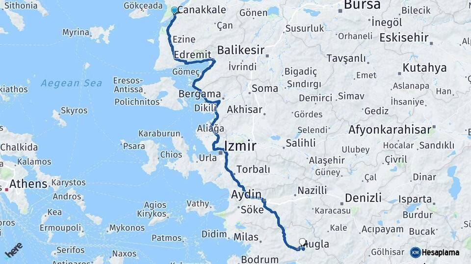 Çanakkale Menteşe Muğla Arası Kaç Km - Yol Haritası