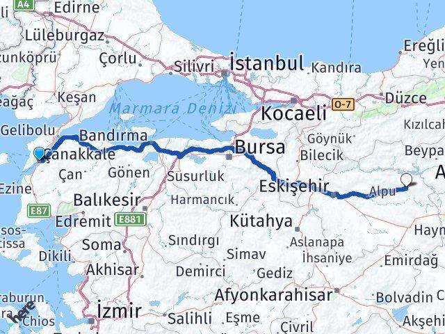 Çanakkale Mihalıççık Eskişehir Arası Kaç Km - Yol Haritası