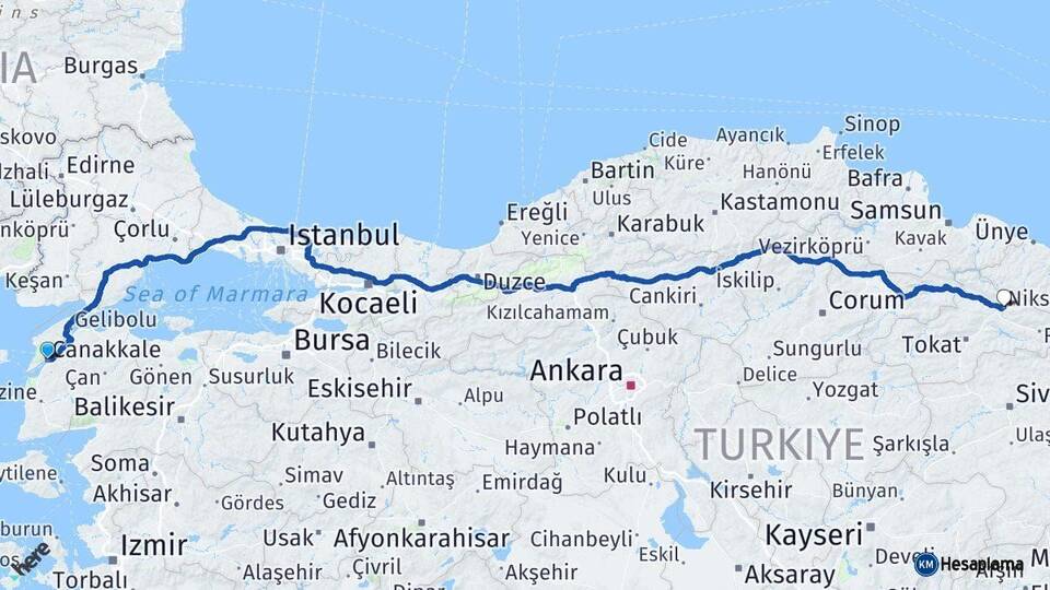 Çanakkale Niksar Tokat Arası Kaç Km - Yol Haritası
