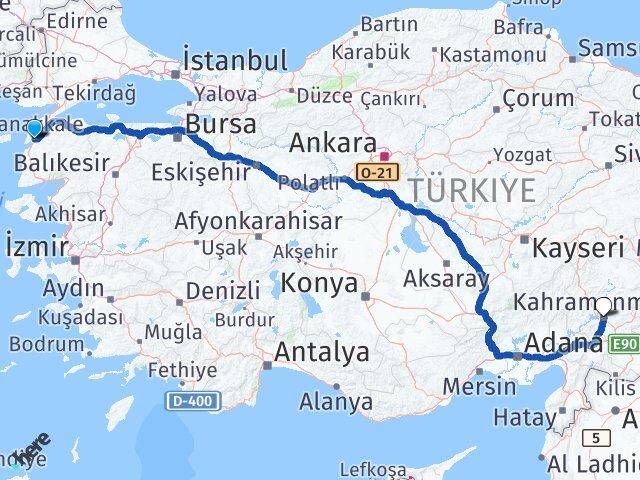 Çanakkale Onikişubat Kahramanmaraş Arası Kaç Km - Yol Haritası